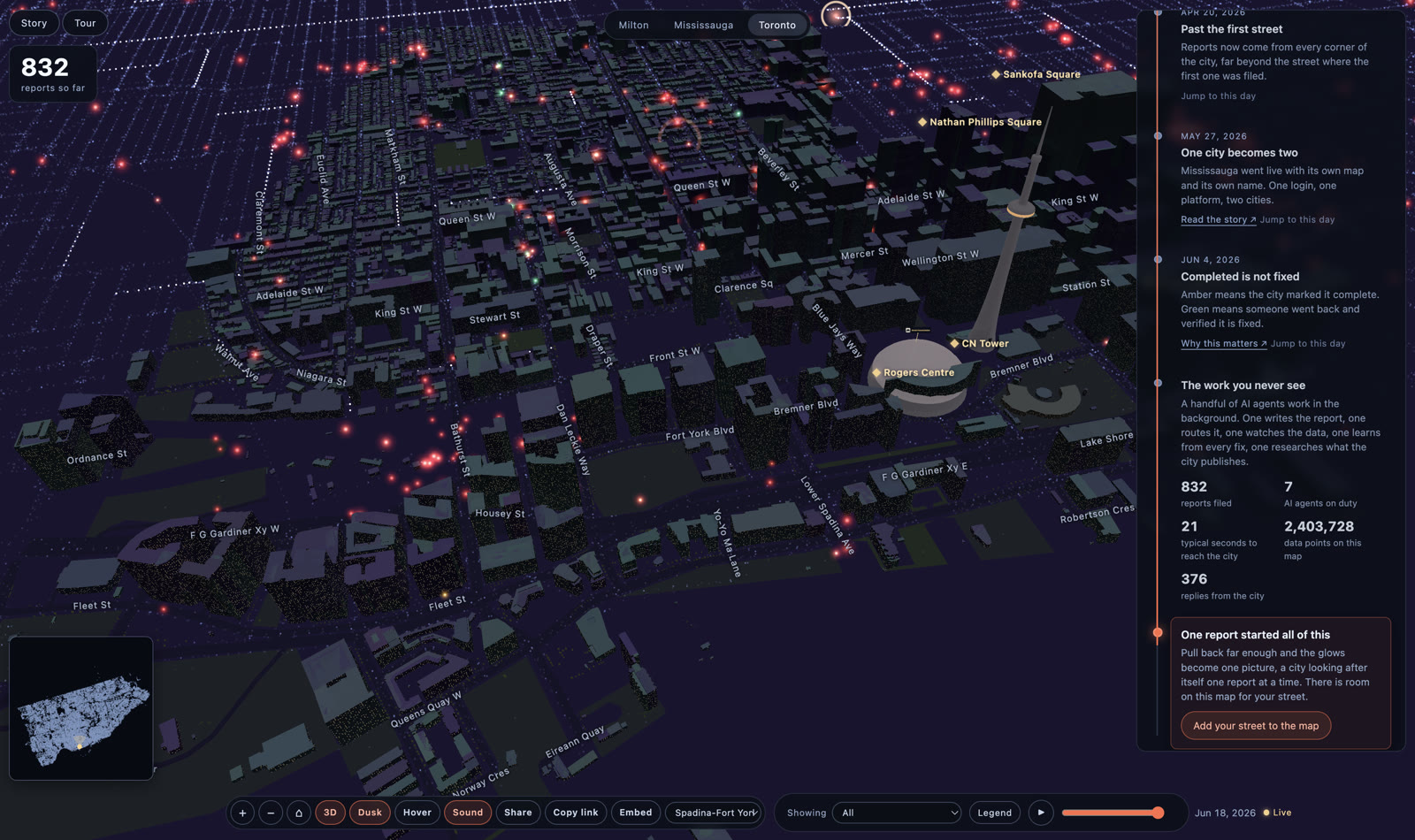 Resident reports glowing across the Pulse map as the timeline replays.