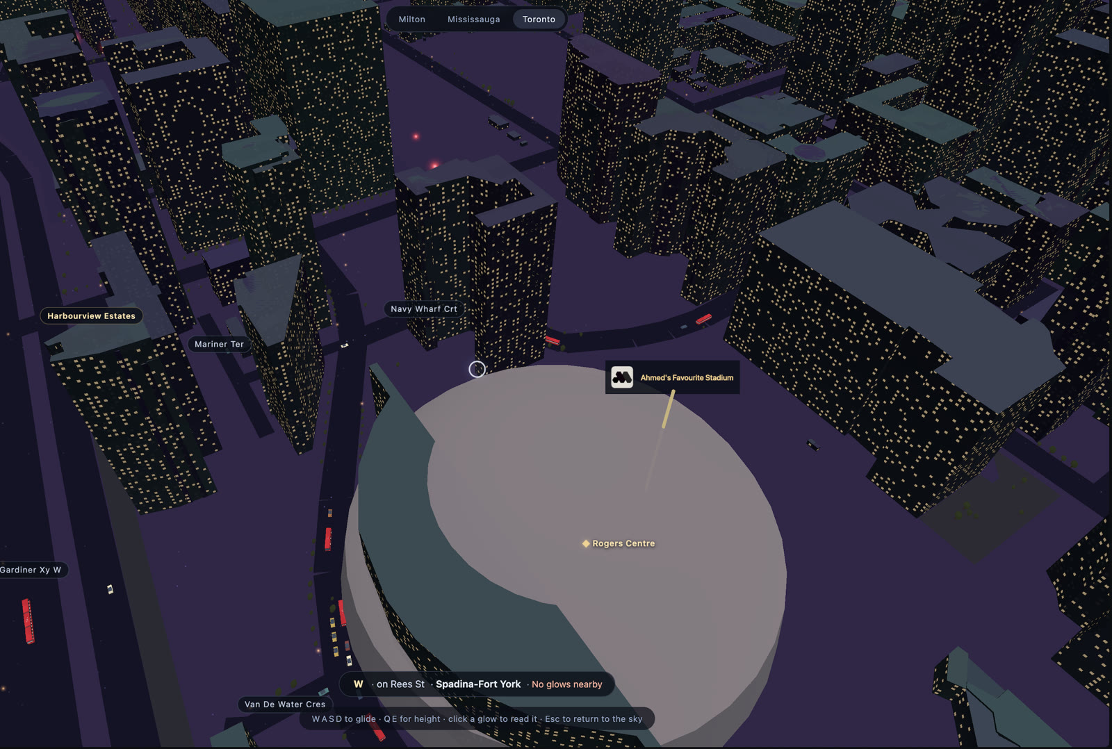 A building on the Pulse map carrying a name and logo, lit up for everyone flying past.